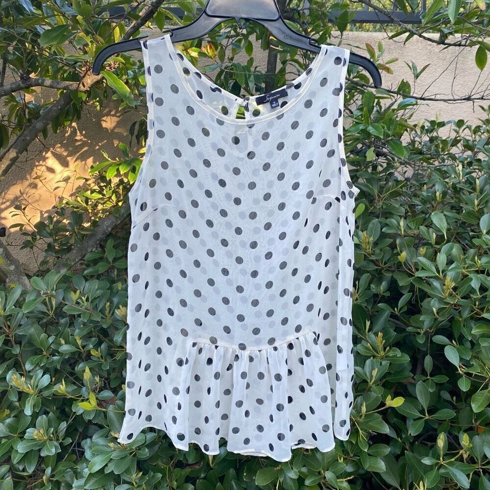 Soprano Women's Black White Sheer Sleeveless Polka Dot Peplum Tank Top Small